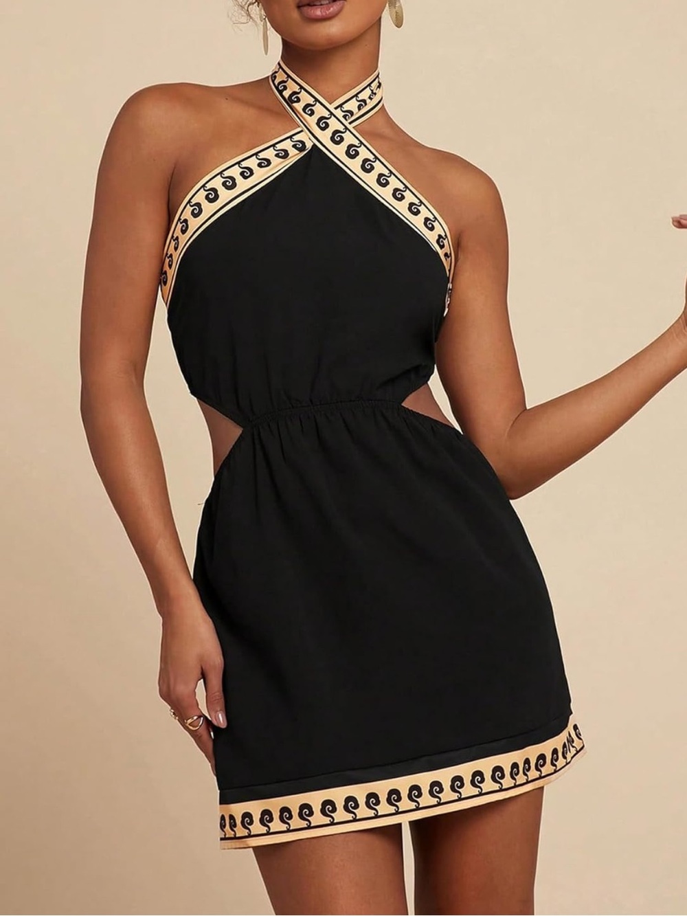 Black Halter Cutout Mini Dress with Cream Trim- XS